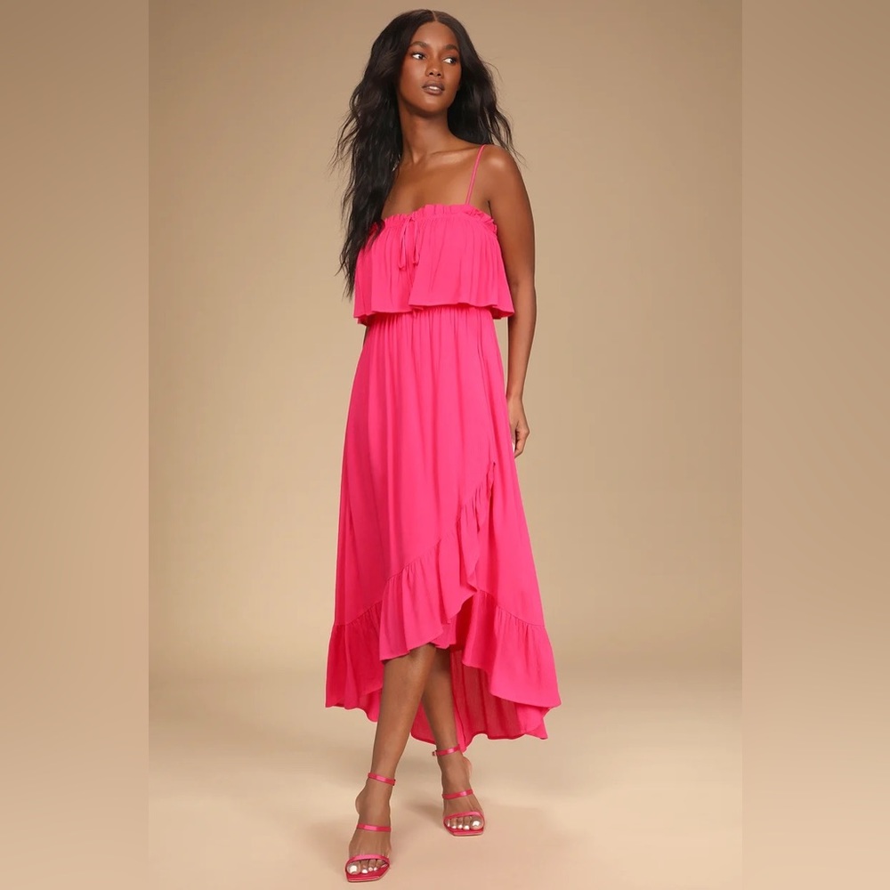 Lulus Sincerely Yours Magenta Ruffled Midi Dress - Picture 1 of 9